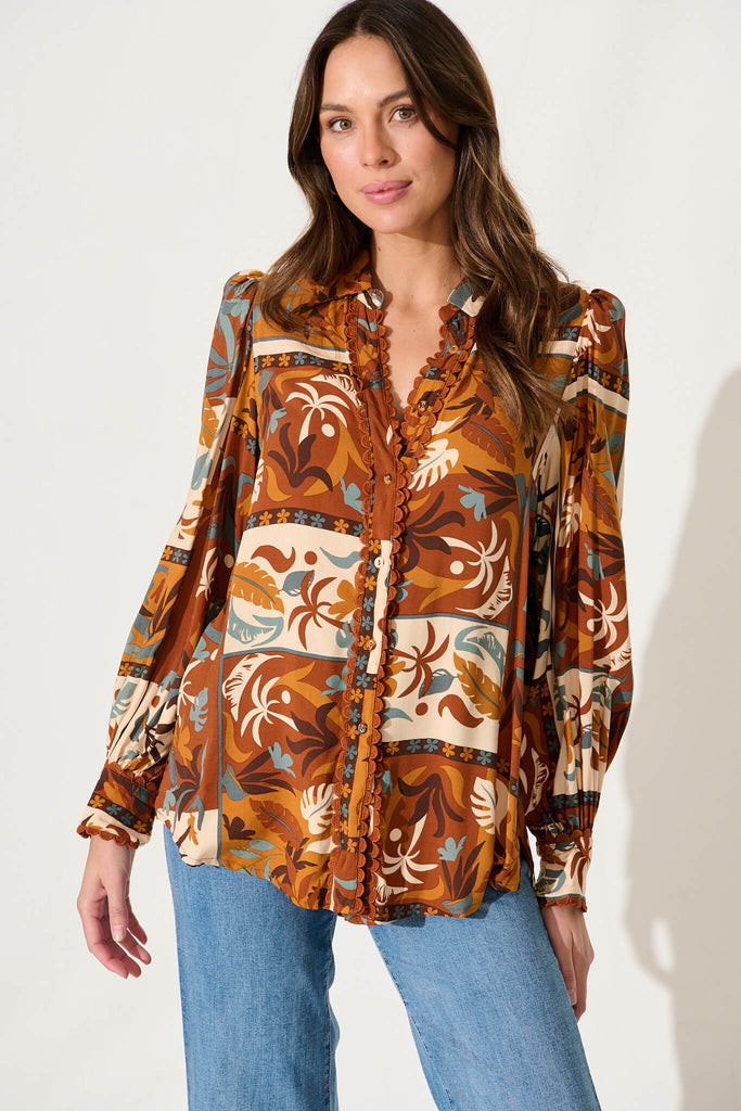 Springfield Shirt In Chocolate Multi Patchwork Print - front