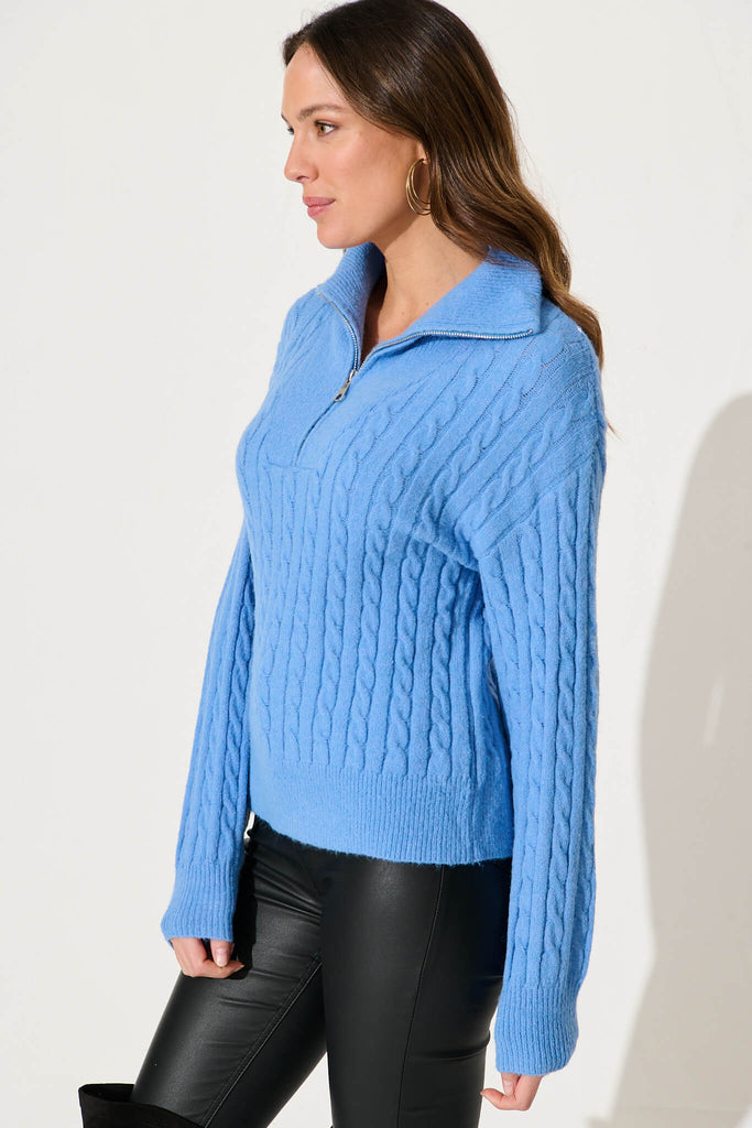 Tanna Zip Knit In Cornflower Blue Wool Blend - side