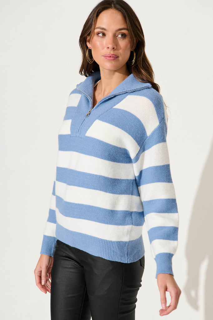 Beaumont Knit In Blue With White Stripe Wool Blend - side