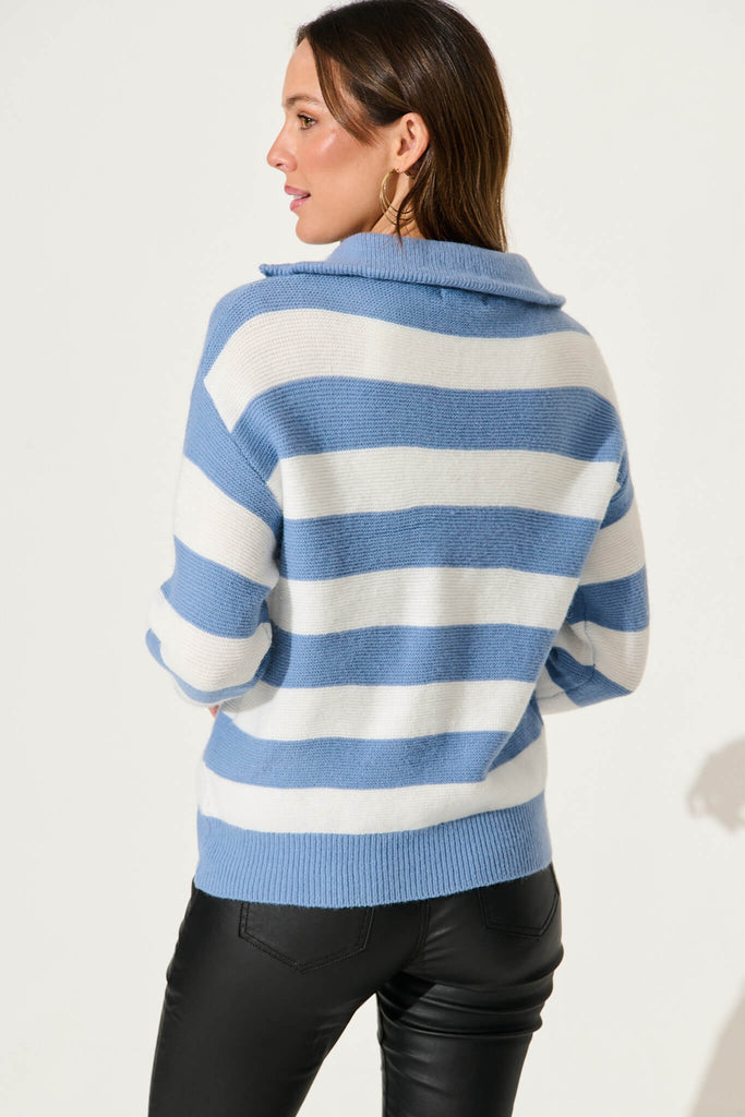 Beaumont Knit In Blue With White Stripe Wool Blend - back