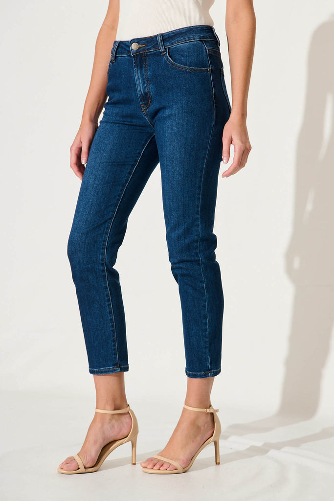 Gateway Mid Rise Straight Leg Crop Jean In Dark Blue Denim - side