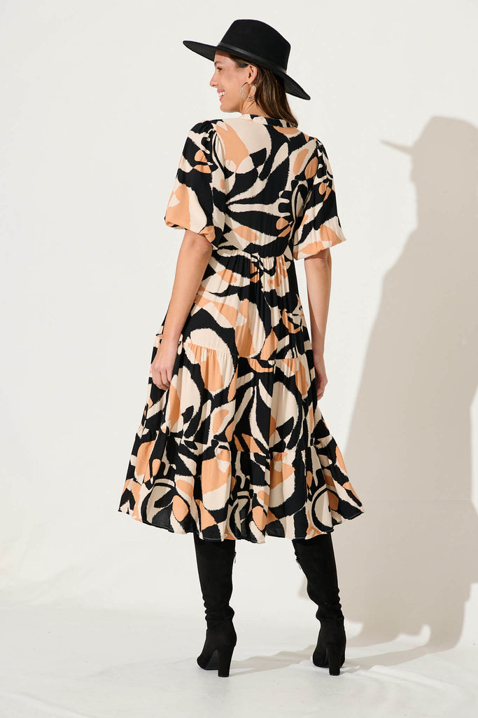 Nantes Midi Smock Dress In Black With Coffee Abstract Print - back