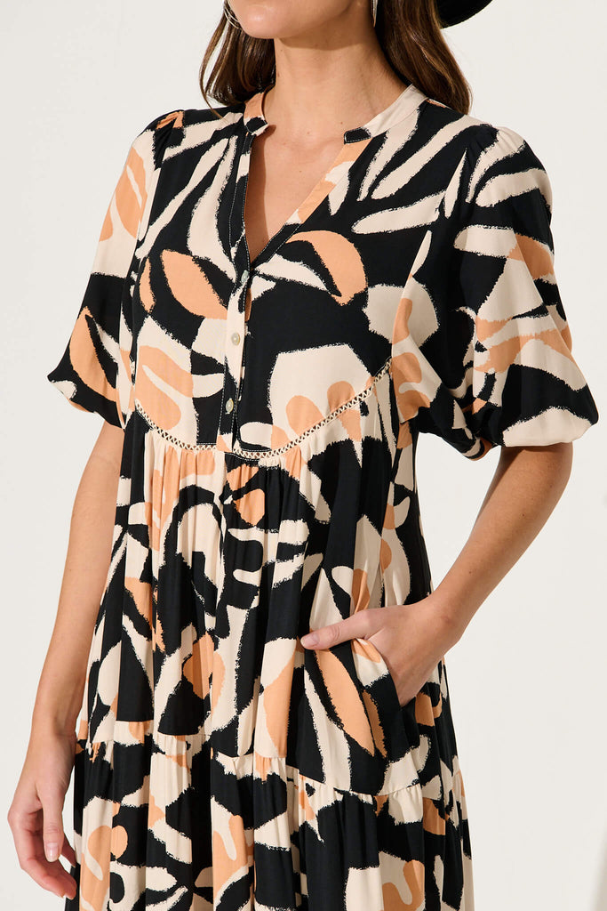 Nantes Midi Smock Dress In Black With Coffee Abstract Print - detail