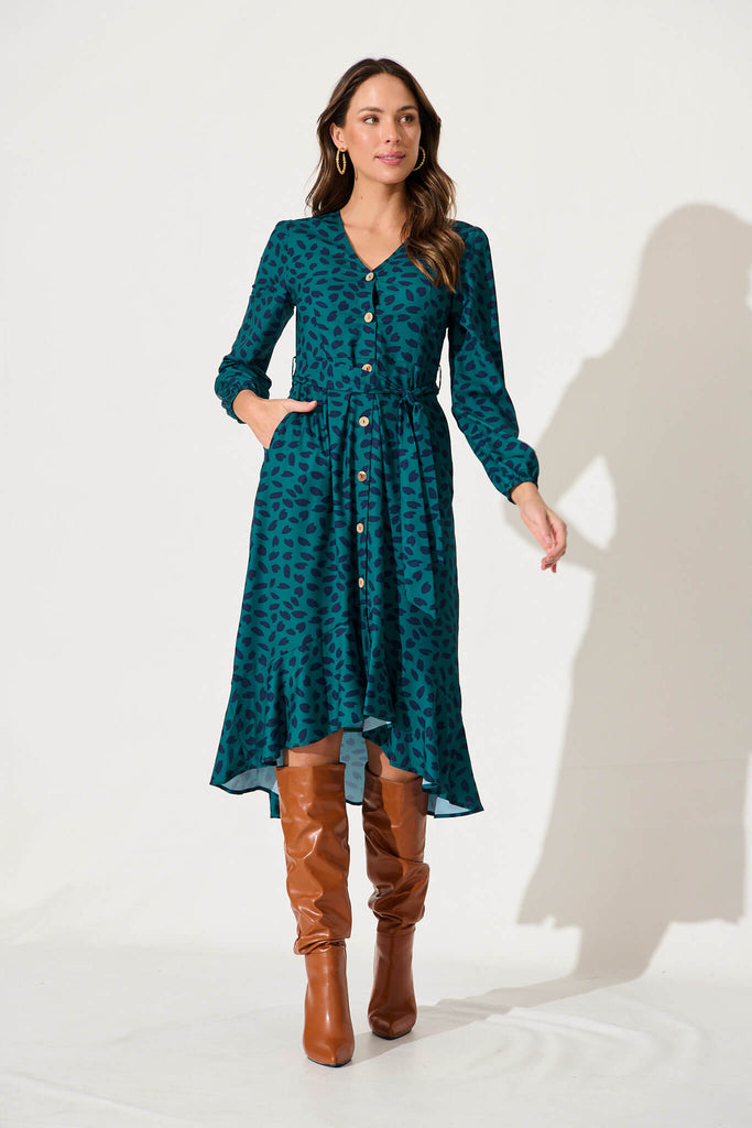 Mabo Midi Dress In Teal With Navy Leaf - full length