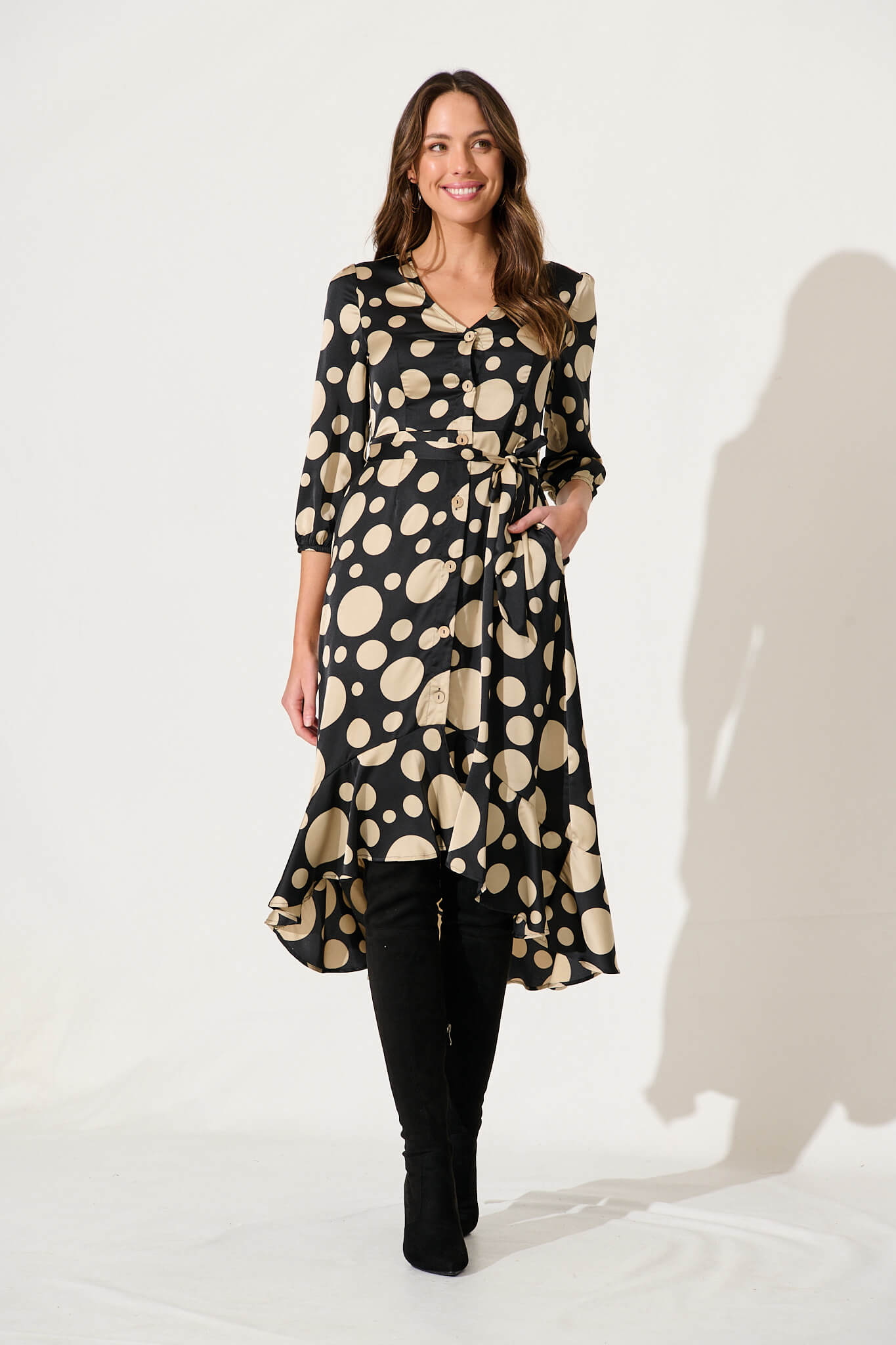 Cora Midi Dress In Black With Cream Spot - full length