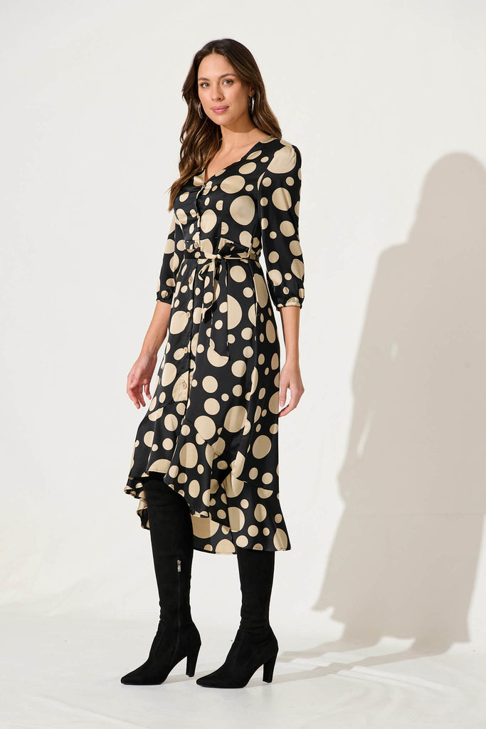 Cora Midi Dress In Black With Cream Spot - side