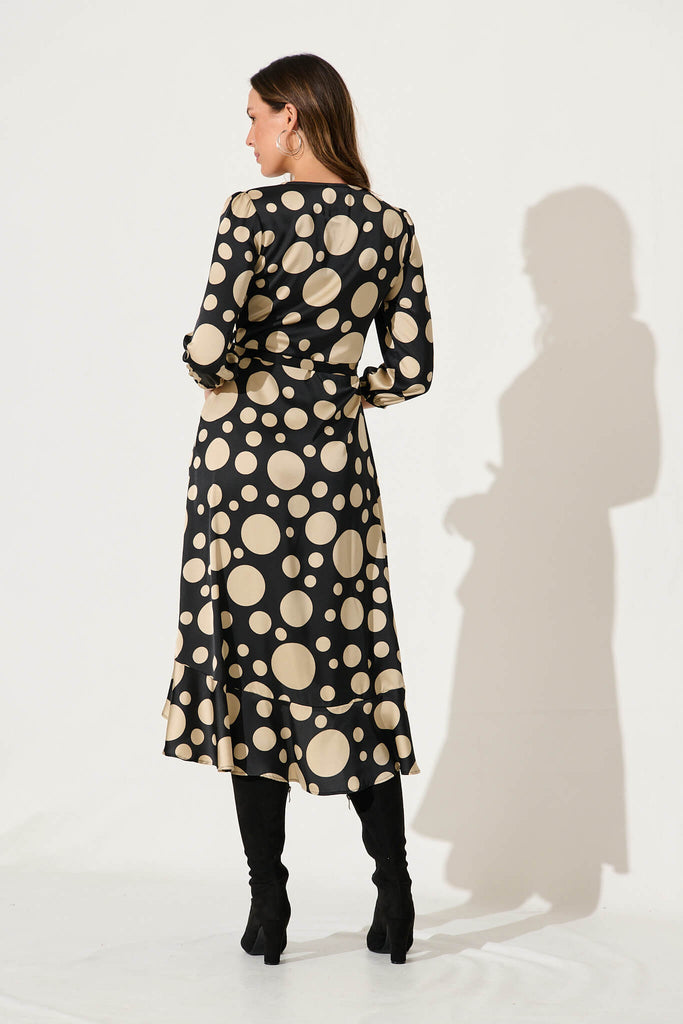 Cora Midi Dress In Black With Cream Spot - back