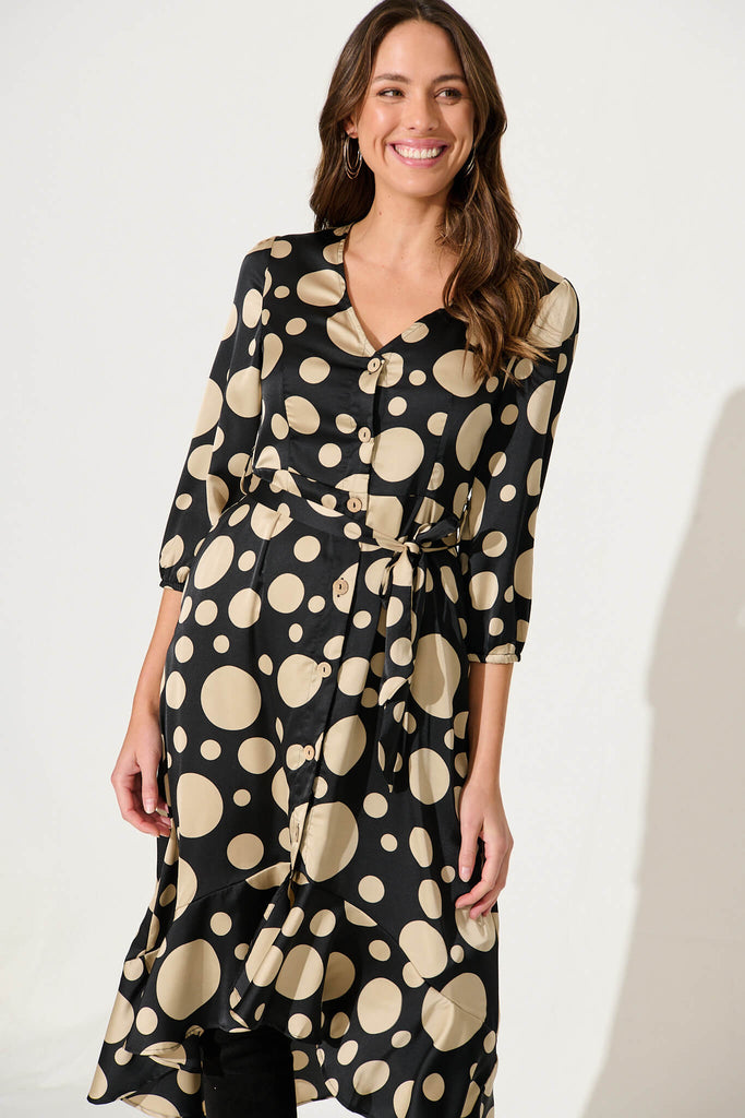 Cora Midi Dress In Black With Cream Spot - front