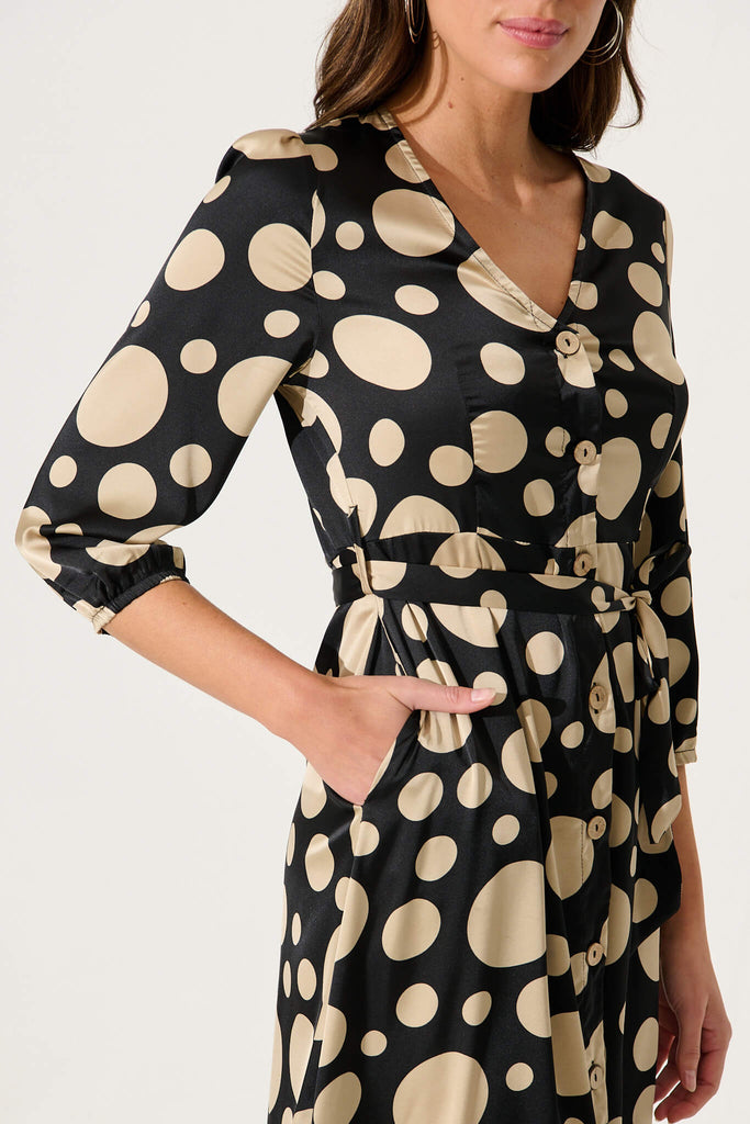 Cora Midi Dress In Black With Cream Spot - detail