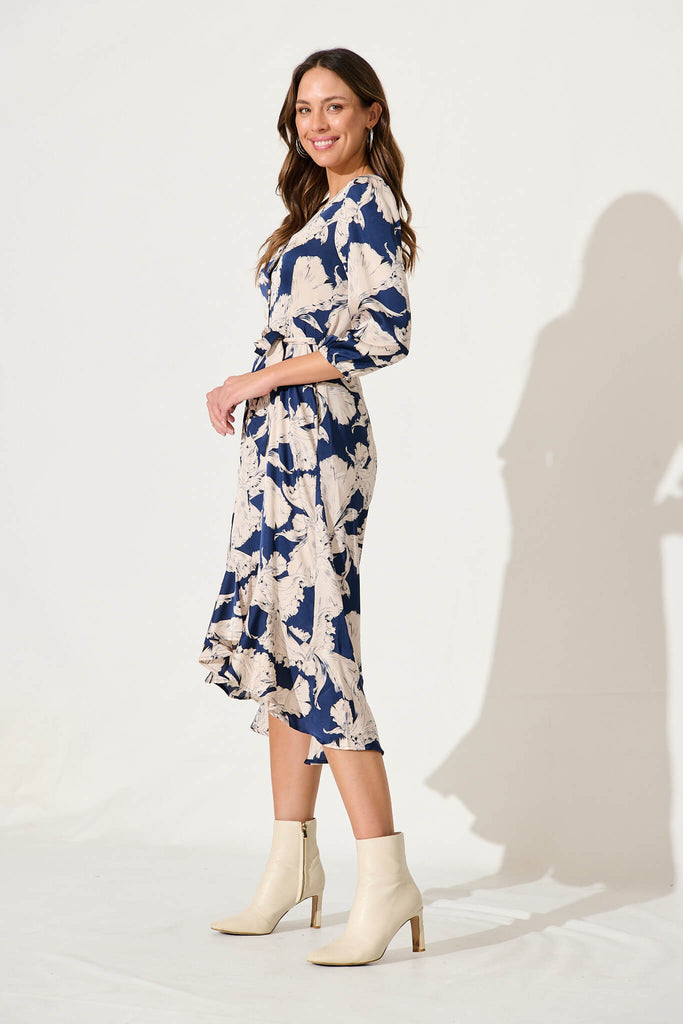 Cora Midi Dress In Navy With Cream Sketch Flower - side