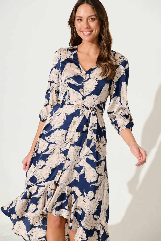 Cora Midi Dress In Navy With Cream Sketch Flower - front