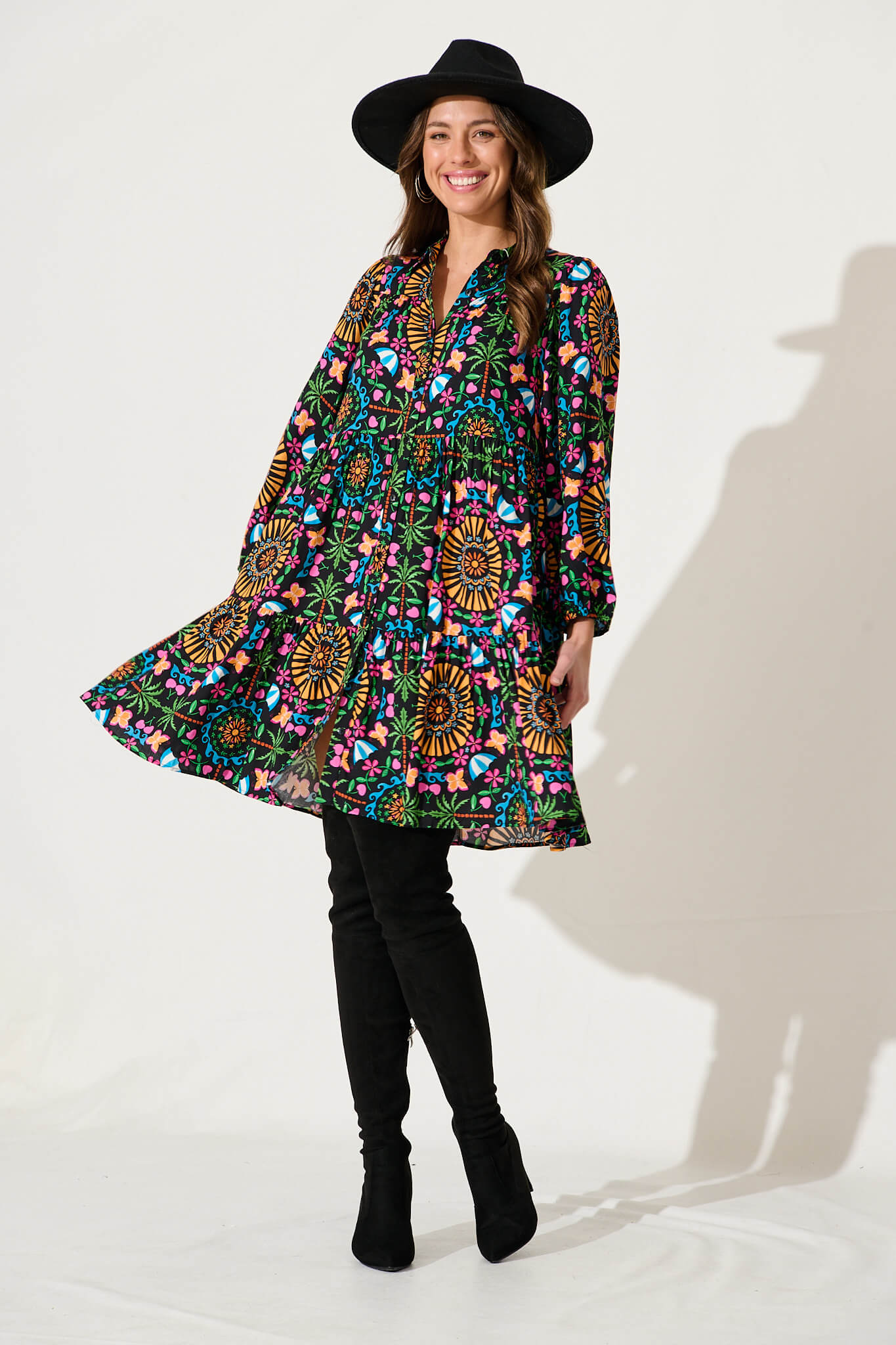 Mahonia Smock Shirt Dress In Black With Multi Bamboo Rayon - full length