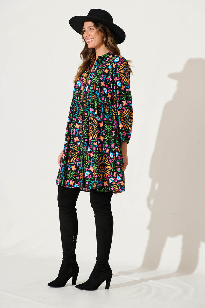 Mahonia Smock Shirt Dress In Black With Multi Bamboo Rayon - side