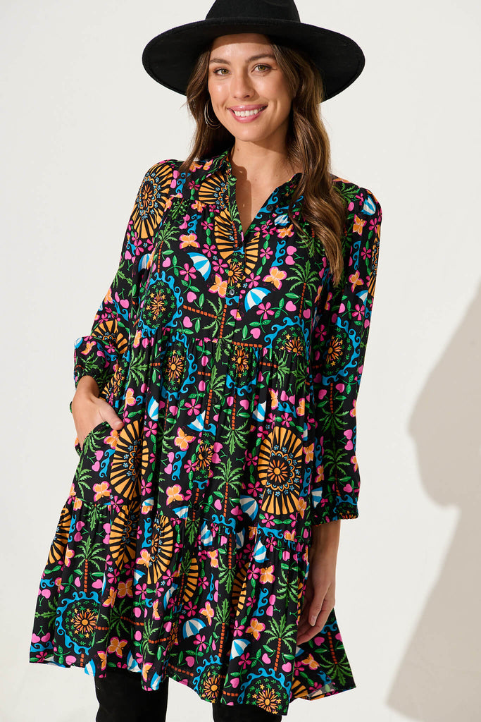 Mahonia Smock Shirt Dress In Black With Multi Bamboo Rayon - front