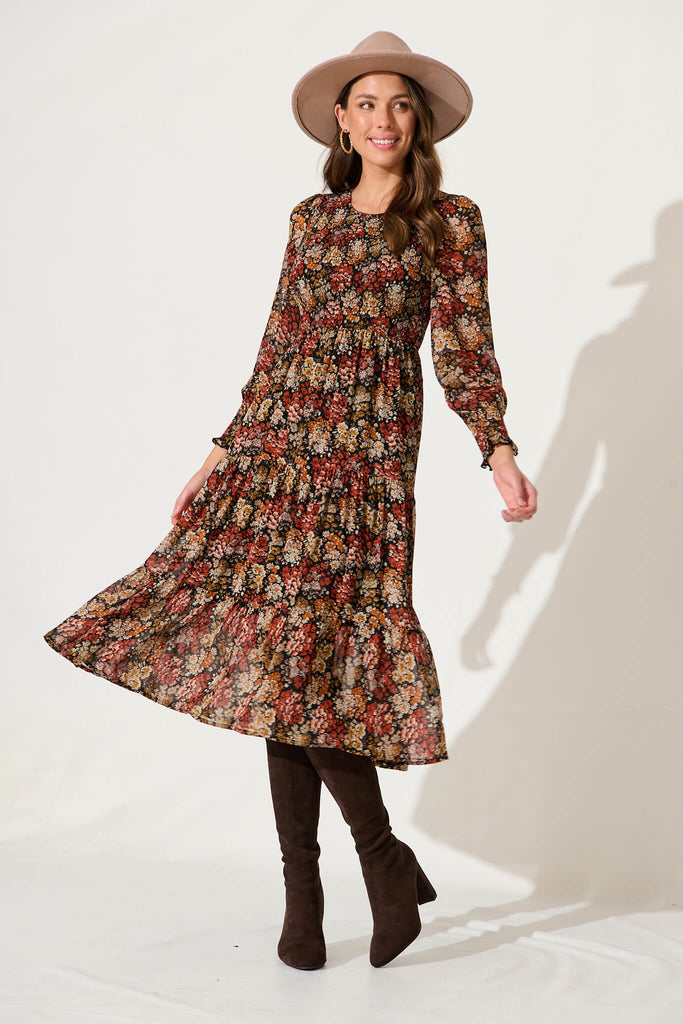 Jaseline Midi Dress In Multi Rust Floral Chiffon - full length