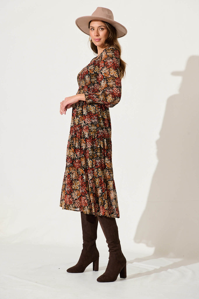 Jaseline Midi Dress In Multi Rust Floral Chiffon - side