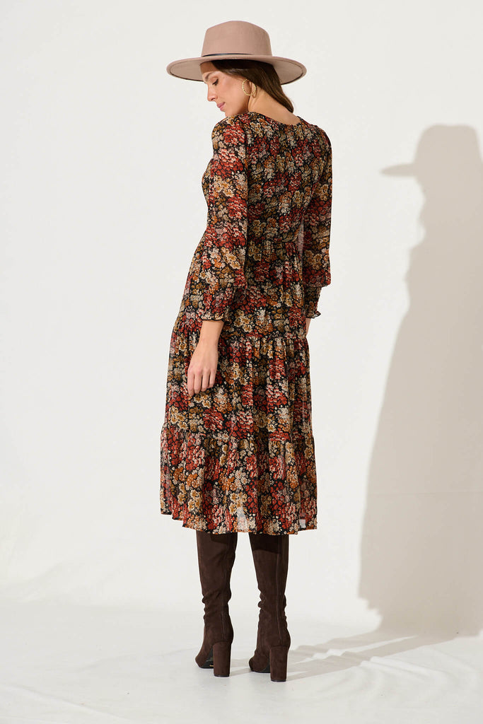 Jaseline Midi Dress In Multi Rust Floral Chiffon - back