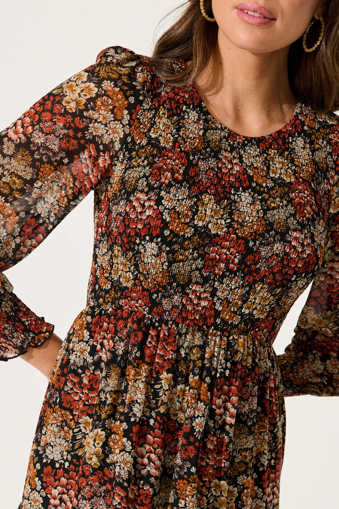 Jaseline Midi Dress In Multi Rust Floral Chiffon - detail