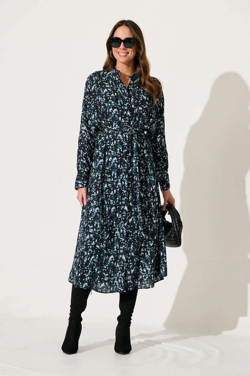 Harmony Midi Shirt Dress In Navy With Multi Print – St Frock