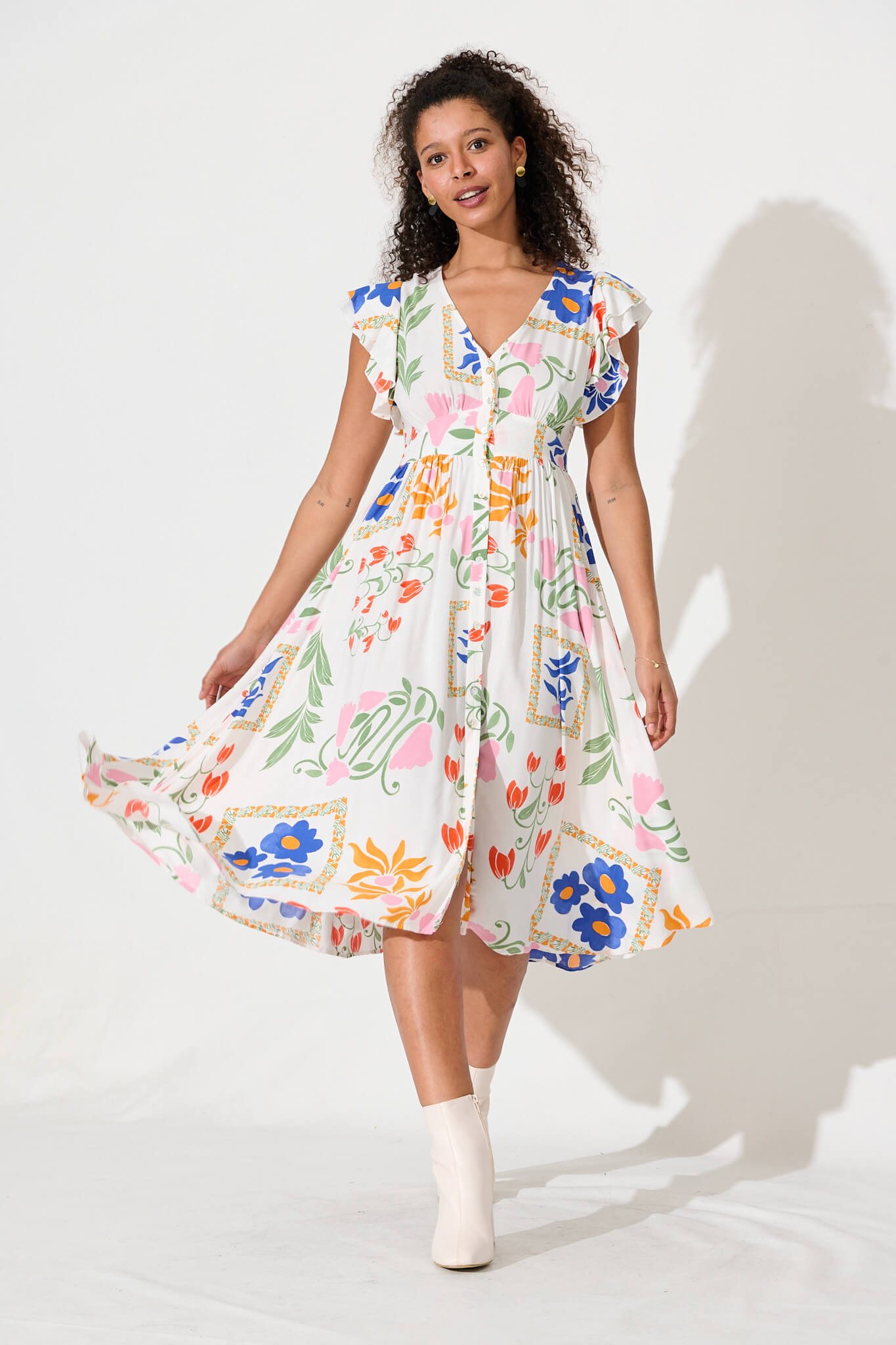 Daffodil Midi Dress In White With Bright Flowers - full length