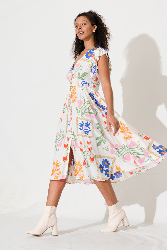 Daffodil Midi Dress In White With Bright Flowers - side