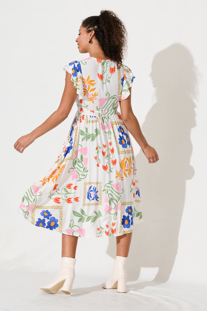 Daffodil Midi Dress In White With Bright Flowers - back