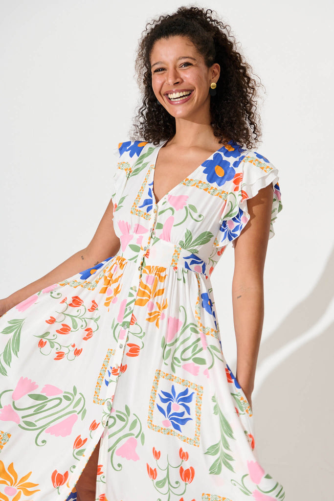 Daffodil Midi Dress In White With Bright Flowers - front