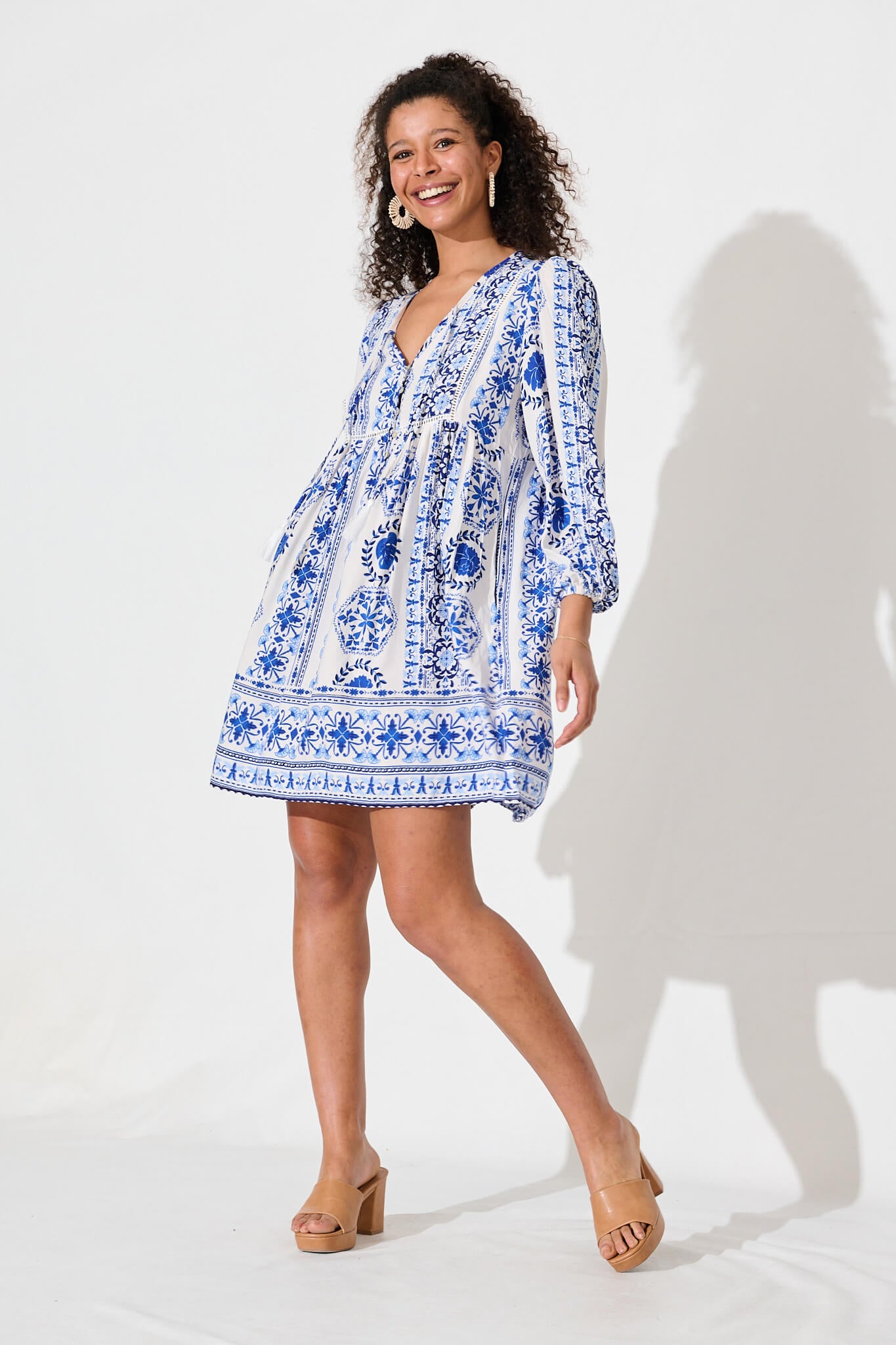 Knightley Smock Dress In White With Blue Tile Border Print - full length