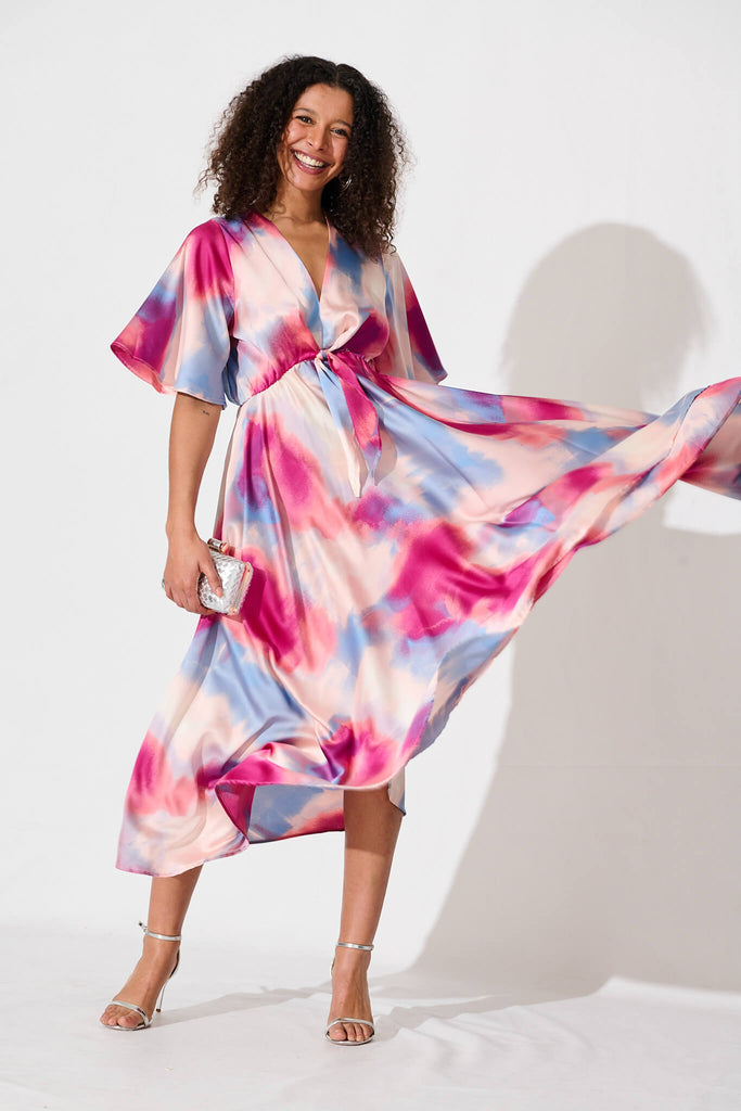 Helsinki Maxi Dress In Pink And Blue Watercolour Satin - full length