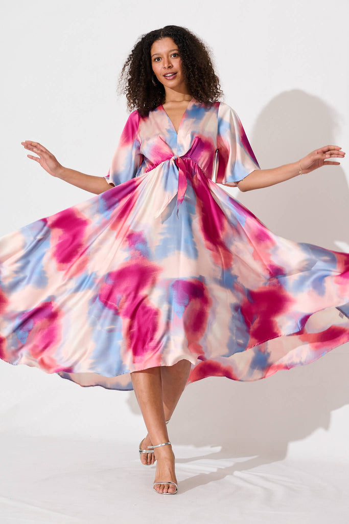 Helsinki Maxi Dress In Pink And Blue Watercolour Satin - full length