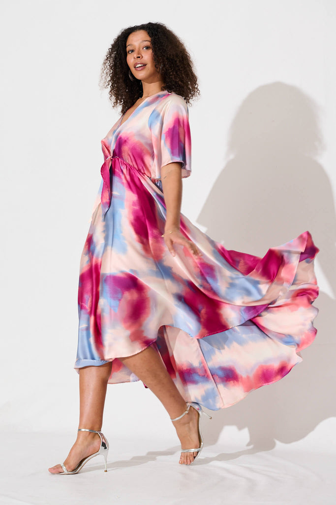 Helsinki Maxi Dress In Pink And Blue Watercolour Satin - side