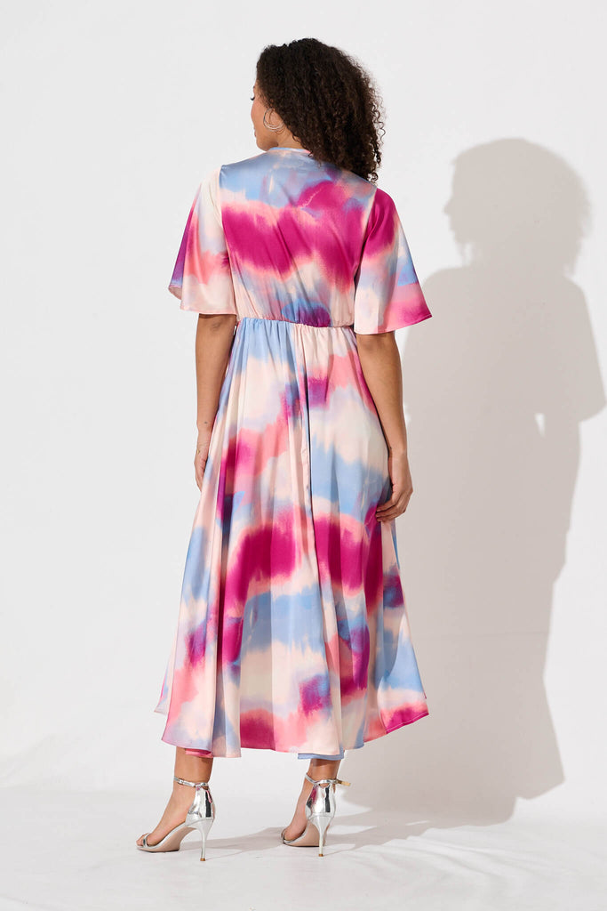 Helsinki Maxi Dress In Pink And Blue Watercolour Satin - back