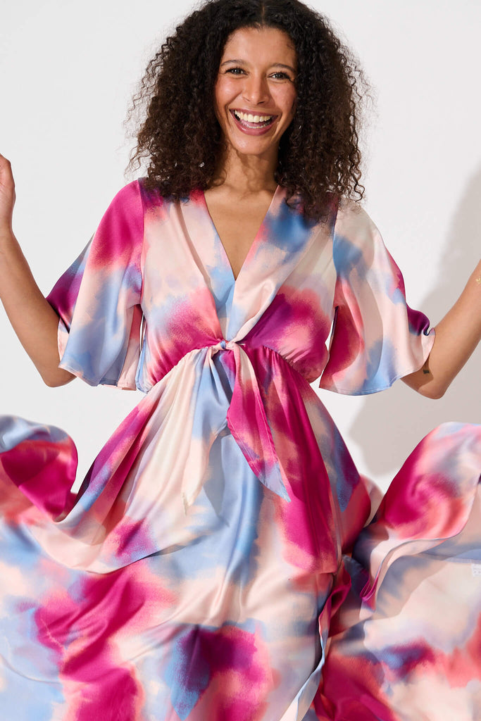 Helsinki Maxi Dress In Pink And Blue Watercolour Satin - front