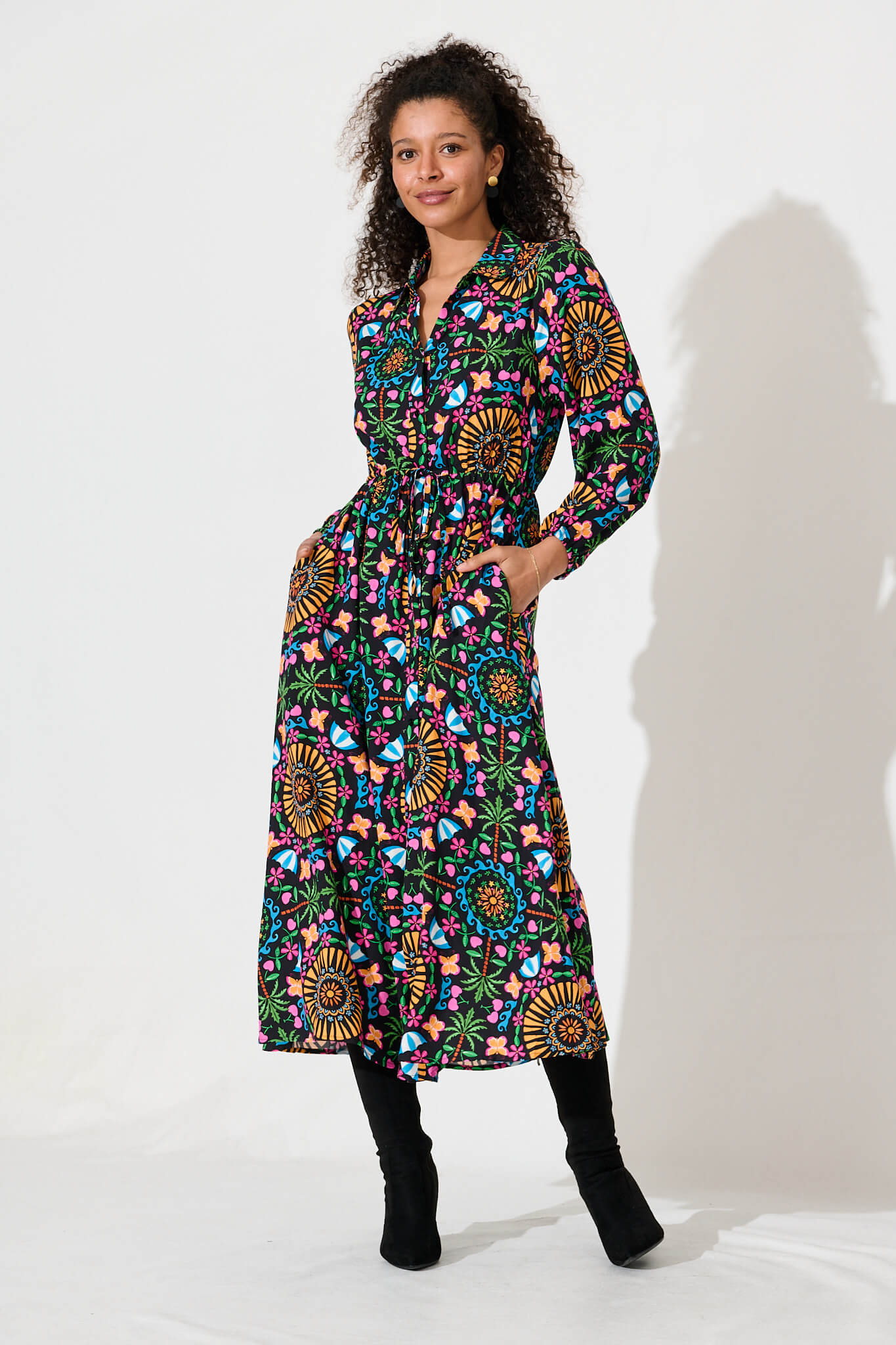 Gladioli Midi Shirt Dress In Black With Multi Bamboo Rayon – St Frock