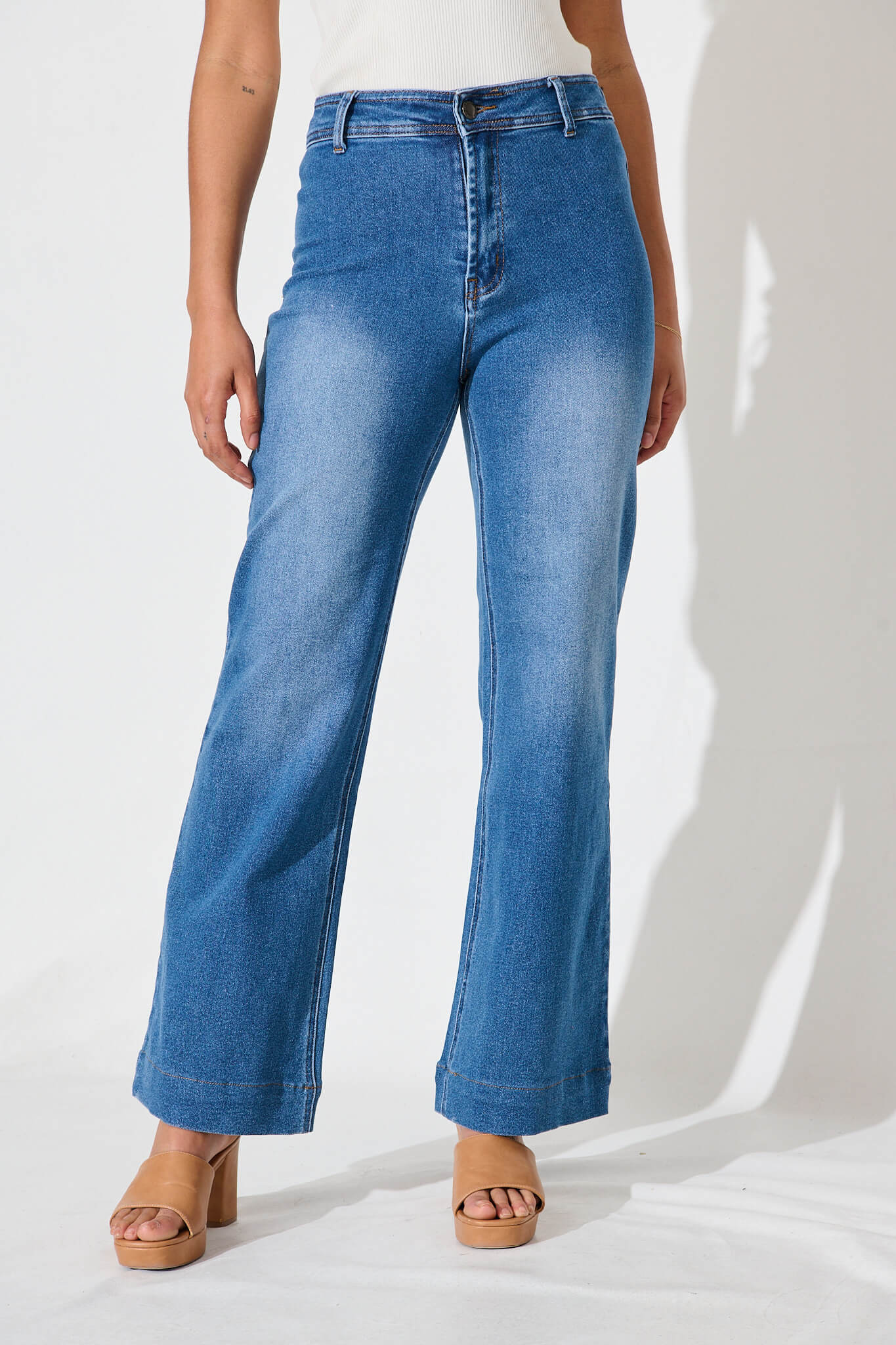 Delina High Rise Wide Leg Jean In Mid Blue Denim - front