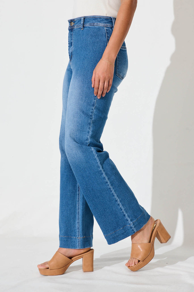 Delina High Rise Wide Leg Jean In Mid Blue Denim - side