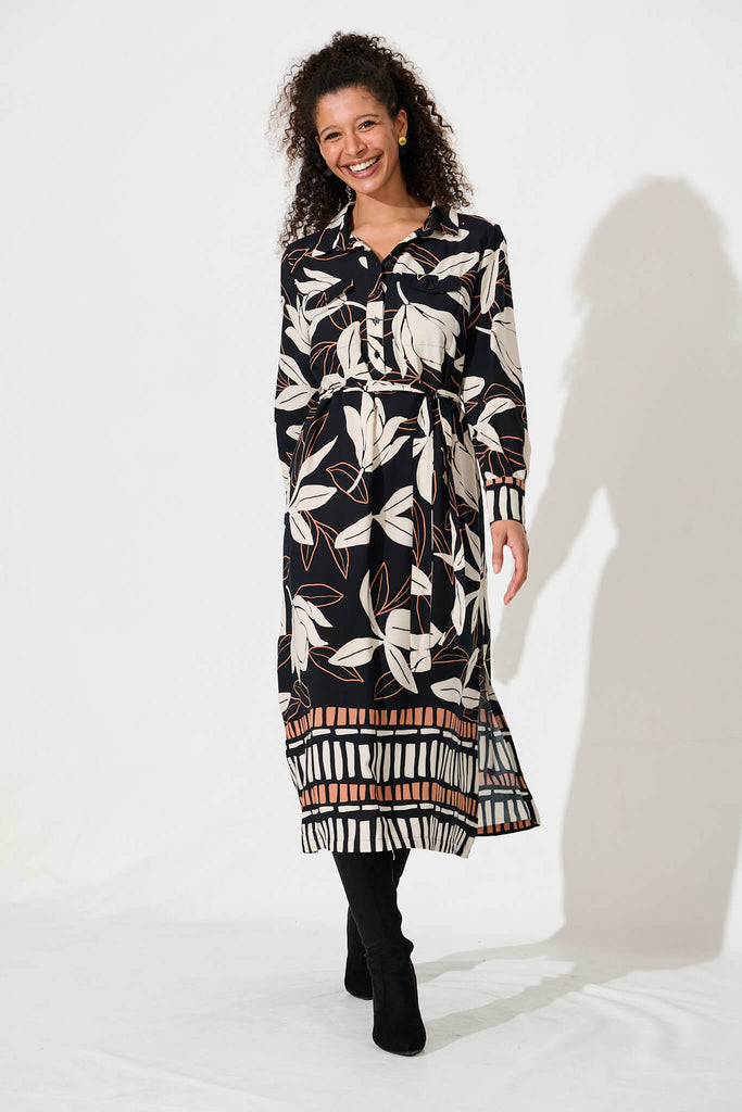 Cleo Midi Shirt Dress In Black With Cream Floral Print