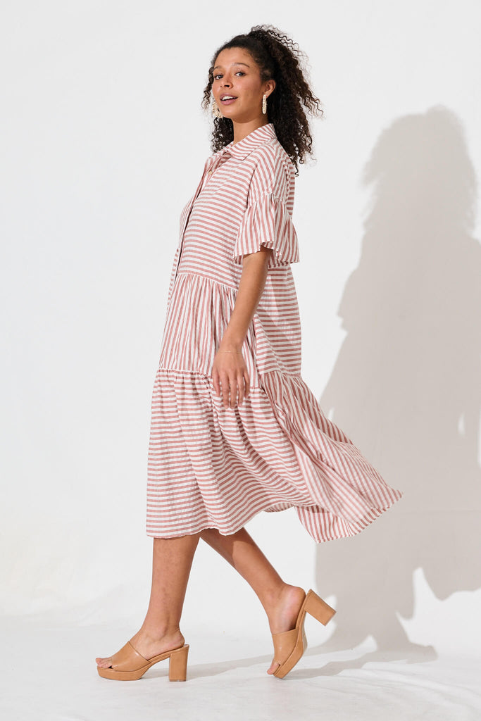 Gwennie Midi Shirt Dress In Rust And White Stripe Cotton - side