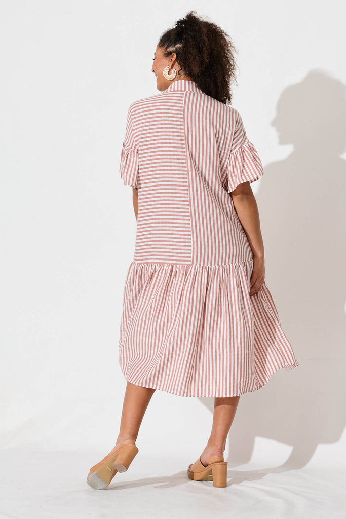 Gwennie Midi Shirt Dress In Rust And White Stripe Cotton - back