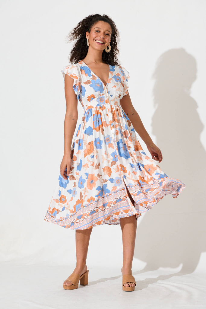 Daffodil Midi Dress In White With Rust Boho Floral - full length