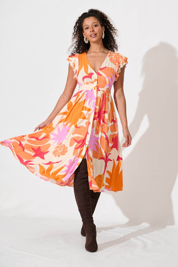 Daffodil Midi Dress In Tangerine Multi Floral - full length