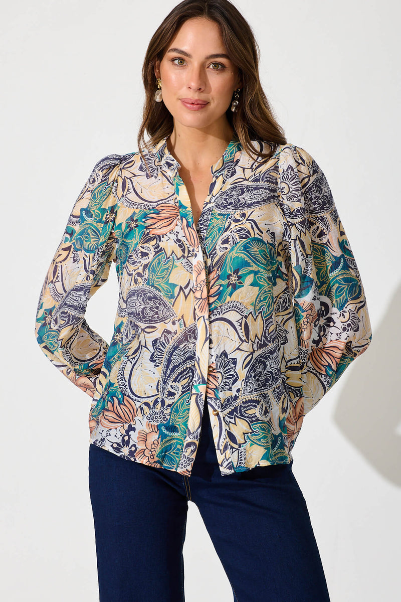 Gianna Shirt In Multi Leaf Cotton Blend – St Frock