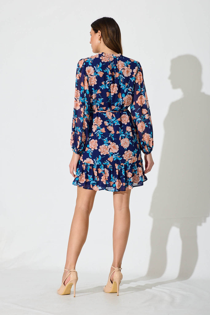 Lantana Dress In Navy With Tangerine Floral Chiffon - back