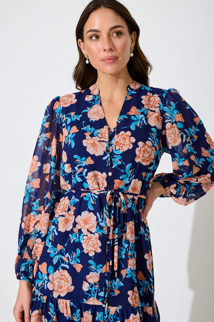 Lantana Dress In Navy With Tangerine Floral Chiffon - close up