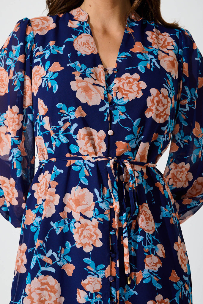 Lantana Dress In Navy With Tangerine Floral Chiffon - detail