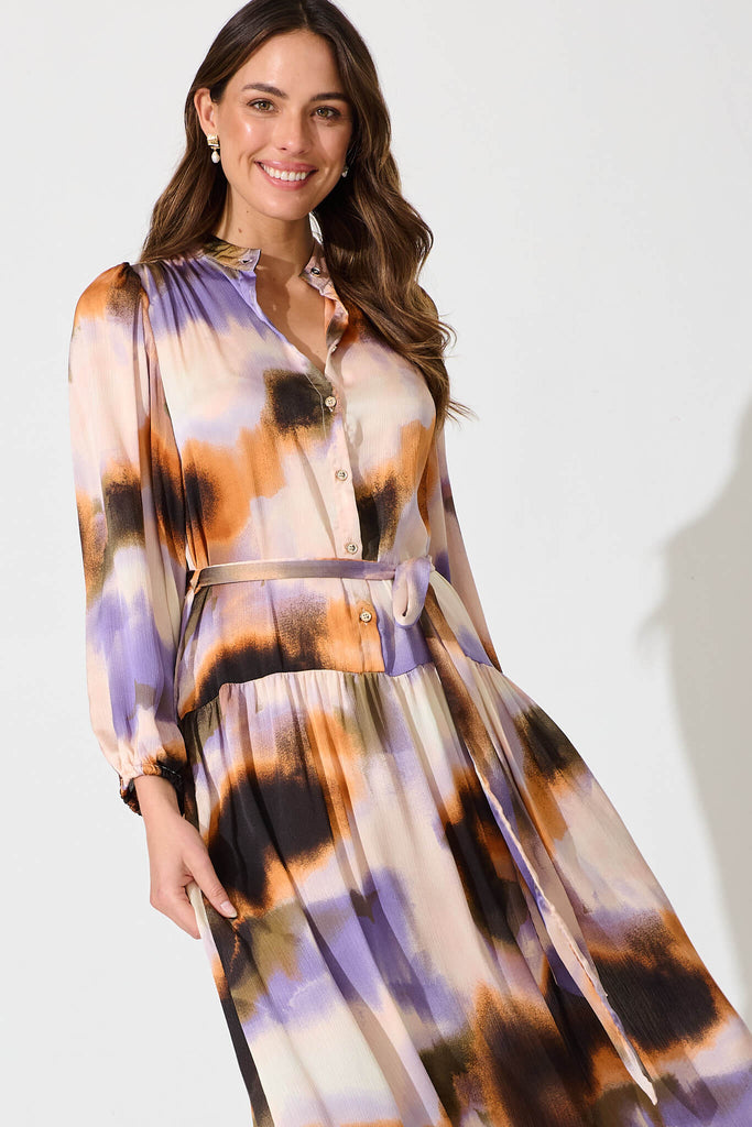 Pippa Maxi Dress In Lilac And Rust Print Chiffon - front