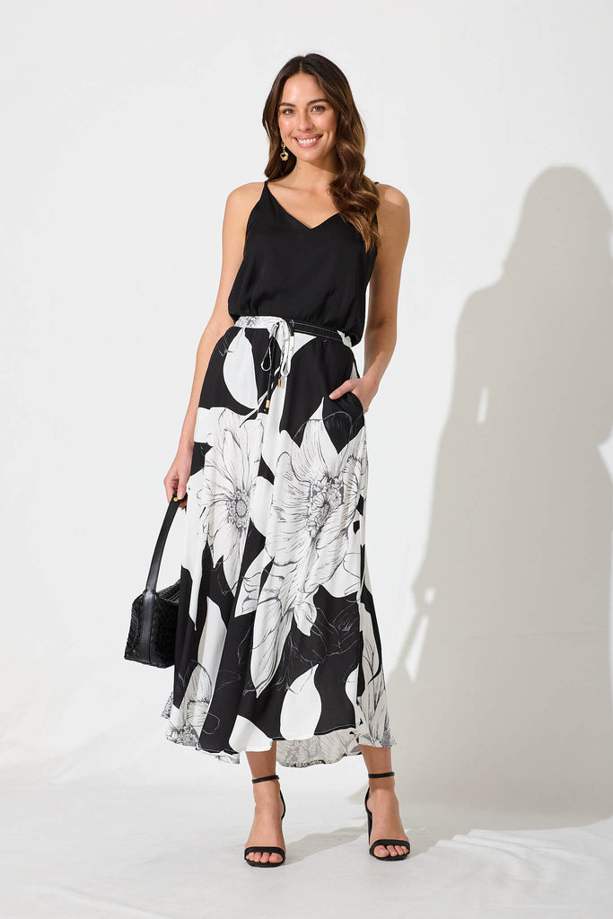 Farrell Maxi Skirt In Black With White Floral - full length