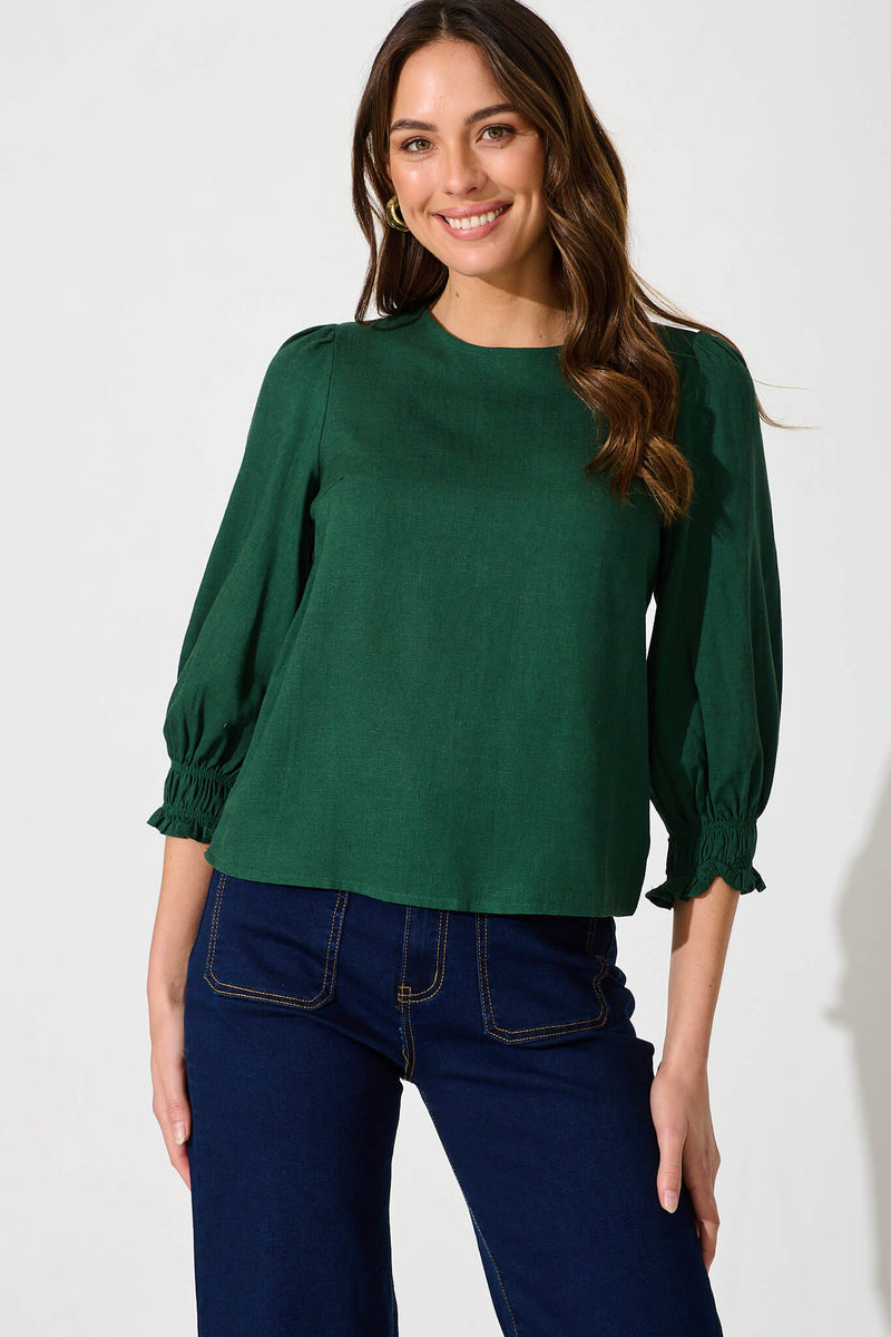 Lanie Top In Emerald Cotton Linen – St Frock