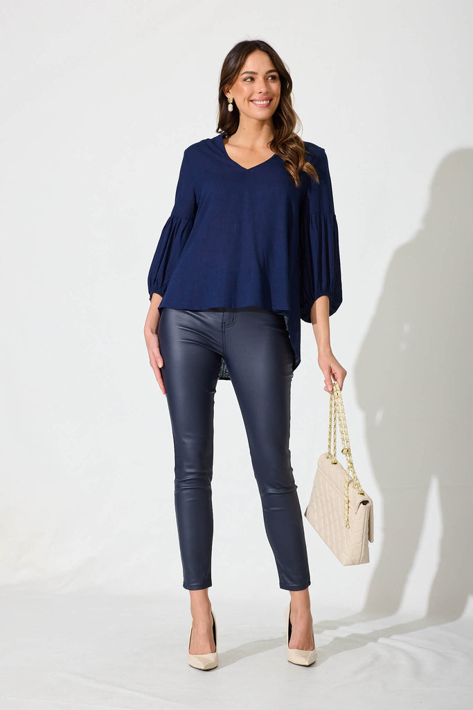 Jasper Top In Navy Linen Blend - full length