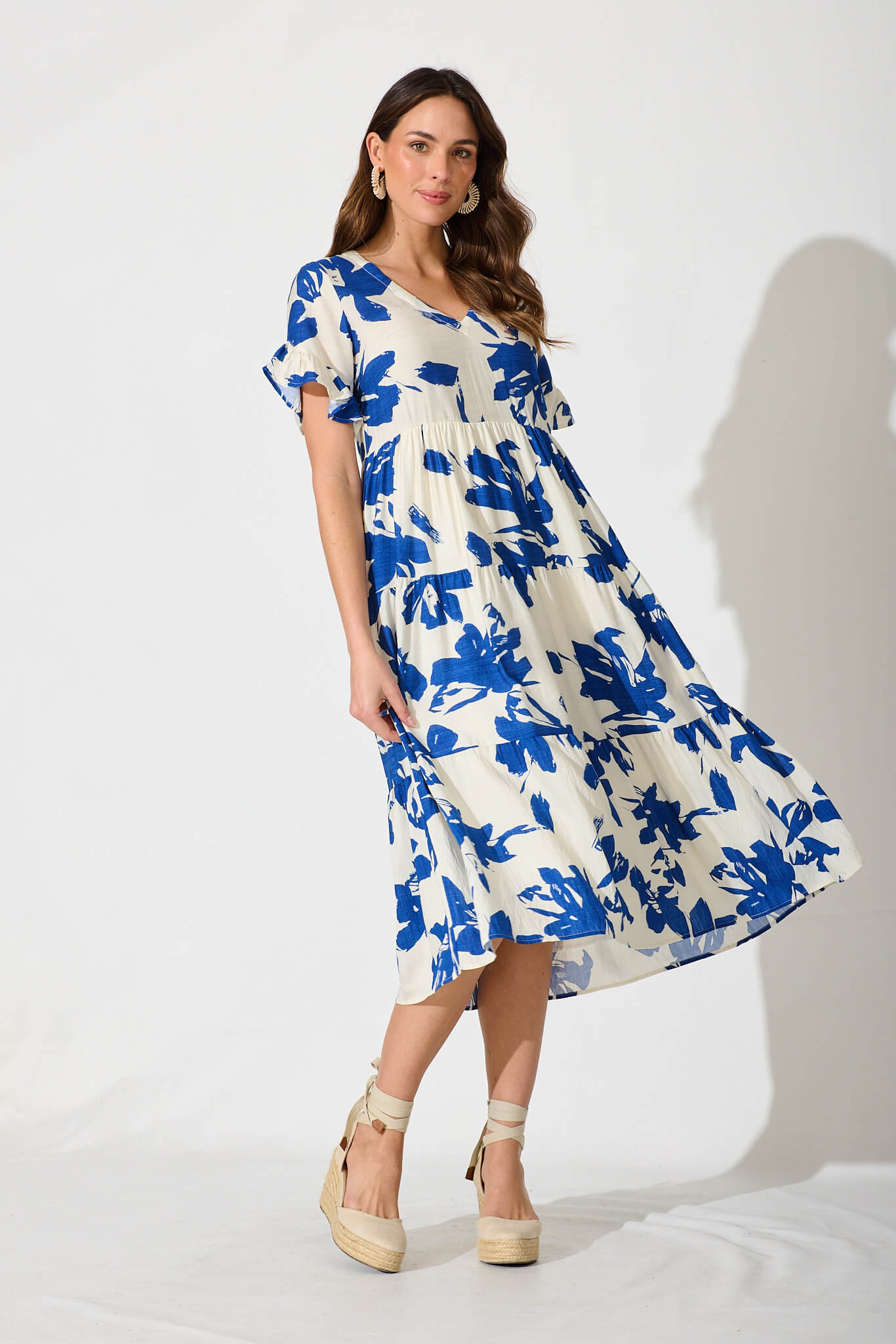 Kristen Midi Dress In Cream In Blue Floral Linen Blend - full length